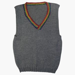 Vintage Hand Knit Sweater Vest With Rainbow Trim | Unisex